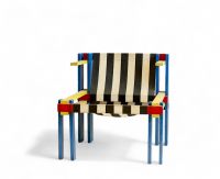 Belgian modernist work, Art Deco armchair in primary colours, in painted and screwed fir wood.