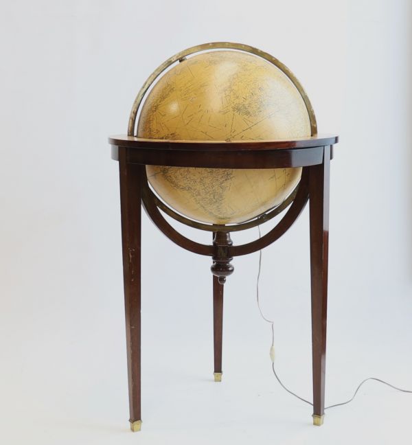 GIRARD & BARRERE, Paris - Luminous glass globe, tripod mahogany base, zodiac signs on wooden belt, circa 1930