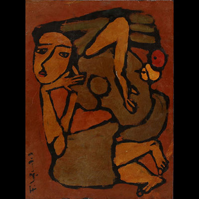 Luc PHAM (1943- ) Composition en laque du Vietnam, 1973.