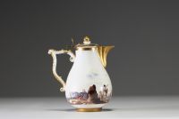 Meissen - Soft paste polychrome porcelain hot milk jug, painted port decoration, crossed swords mark, 18th century.