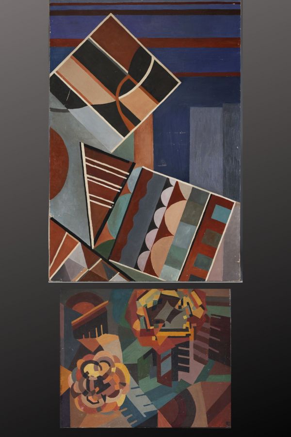 Suite of two oil on canvas geometric compositions, modernist work circa 1920-30.