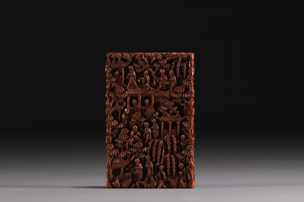 China - Wooden card box carved with characters, Canton, 19th century.