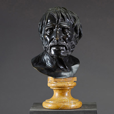 Buste de Sénèque en bronze à patine brun foncé sur socle en marbre jaune de Sienne, Italie, XVIII-XIXème.