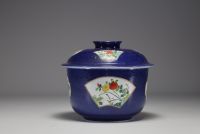 Chine- Pot couvert en porcelaine bleu poudré, cartouche à décor floral, époque Kangxi