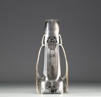 Art Nouveau silver-plated metal vase, OBE hallmark, one chip on the neck of the glassware.