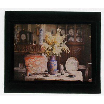 Léon Herlant (1873-1968) — 1 autochrome sur plaque Lumière, 12 x 9 cm.  Autochrome intimiste — Intérieur fleuri, circa 1910  Cet autochrome intimiste s'inscrit pleinement dans le courant de la peinture intimiste en vogue au tournant du XXᵉ siècle, où l'attention se porte sur les scènes d’intérieur, calmes et empreintes de sensibilité. La photographie capture un couloir tapissé d'un motif floral né