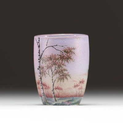 DAUM Nancy - Acid-etched and enamelled multi-layered glass miniature vase decorated with a lake landscape and birch trees, signed under the base.