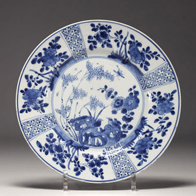 China - A blue-white porcelain plate with floral decoration, Kangxi mark and period.