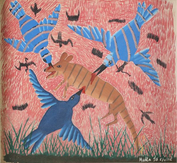 MWILA Huile sur panneau représentant une scène animalière, RD Congo / Elisabethville ( Lubumbashi). Artiste issu de l’atelier du Hangar de Pierre Romain Desfossés . Œuvre achetée directement à l’artiste par un professeur belge en poste à l’académie des beaux arts de Lubumbashi. Dimensions : hors cadre