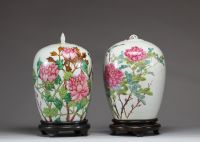 Chine - Paire de pots couverts en porcelaine polychrome Qianjiang cai à décor d'oiseaux et de pivoines, vers 1900.