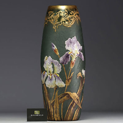 MONTJOYE Verrerie de Saint-Denis - Imposing acid-etched frosted glass vase with enamelled iris decoration, Montjoye mark under the piece.
