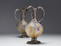 Victor SAGLIER (1840-1890) Pair of ewers in enamelled frosted glass and silver-plated metal, hallmark on the handles.