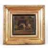 Huile sur toile représentant un cheval à l’écurie, accompagné de son palefrenier, dans une ambiance sombre et intime. Une plaque apposée sur le cadre porte le nom de Géricault
