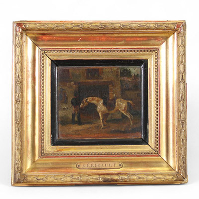 Huile sur toile représentant un cheval à l’écurie, accompagné de son palefrenier, dans une ambiance sombre et intime. Une plaque apposée sur le cadre porte le nom de Géricault