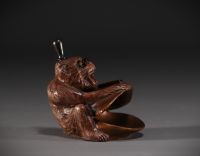 Bronze monkey with wick lighter, sulphide eyes, circa 1900.