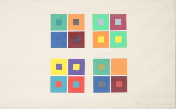 Anonyme, dans l’esprit du Bauhaus Étude chromatique inspirée de l’enseignement de Johannes Itten 1957 – Gouache et collage sur papier  Cette œuvre sur papier, réalisée en 1957, reprend les principes fondamentaux de l’enseignement de Johannes Itten (1888–1967), figure majeure du Bauhaus, théoricien de la couleur et pédagogue influent. L’œuvre se compose de quatre carrés juxtaposés, chacun subdivisé