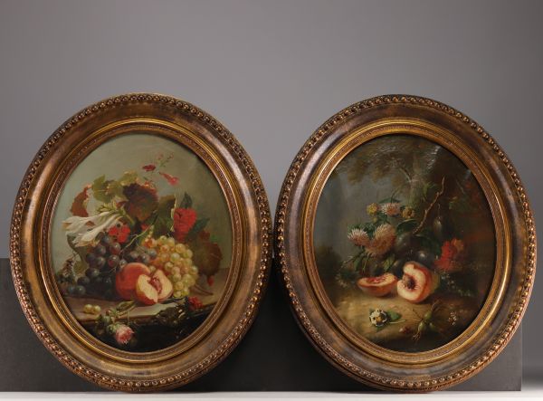 Paire de nature morte aux fruits et aux fleurs, huiles sur toile,  XIXe siècle.