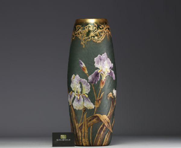 MONTJOYE Verrerie de Saint-Denis - Imposing acid-etched frosted glass vase with enamelled iris decoration, Montjoye mark under the piece.