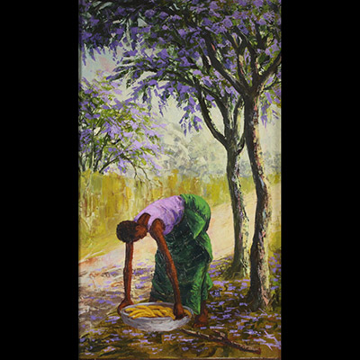 Huile sur toile de « Papa » KAHILU ( Georges Kahilu Manika 1943-2021)  - Jacaranda-  Diplomé en Zambie à « l’Africa littérature center » de Kitwe en 1966. Il gagne ensuite la ville de Lubumbashi qu’il ne quittera plus. Il s’installe comme artiste indépendant en 1974. Il passe très vite des œuvres sur papier à une peinture à l’huile sur toile au couteau. Il aime à peindre la vie quotidienne des con