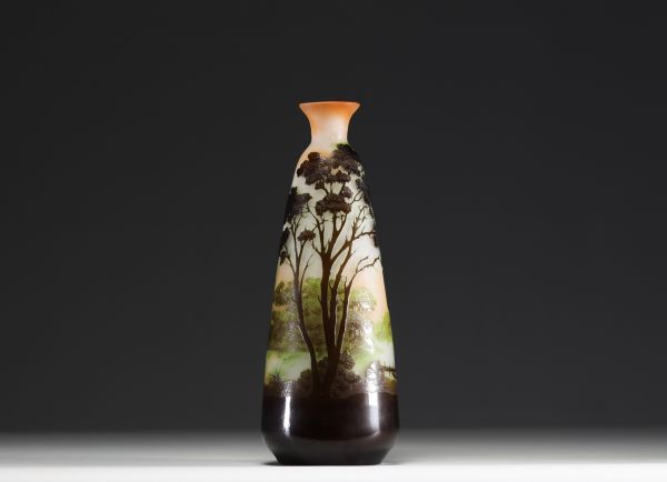 Émile GALLÉ (1846-1904) - Acid-etched multilayer glass vase with landscape decoration, signed.