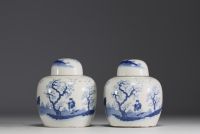 China - Pair of blue-white porcelain covered pots with landscape and figures decoration, mark under the piece.