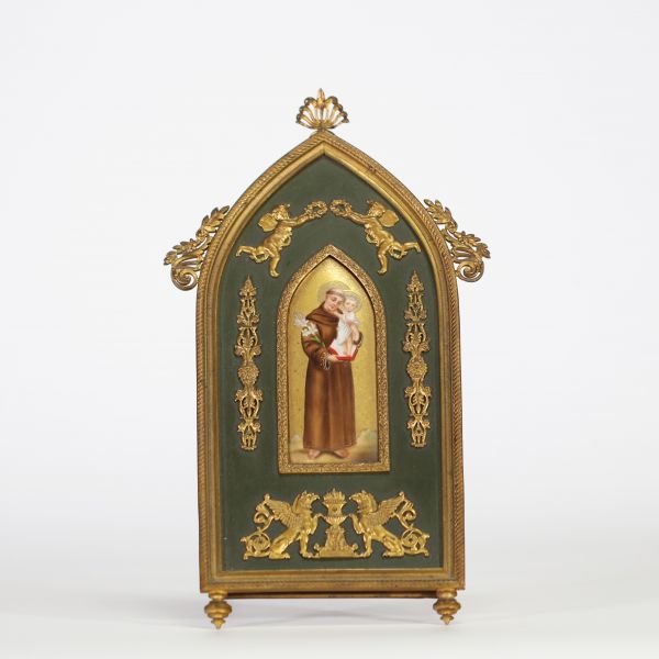 Panneau de dévotion de style Empire en bronze et laiton doré, porcelaine peinte  style empire , France, fin XIXe - début XXe siècle