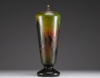DAUM Nancy - Lamp base in acid-etched multi-layered glass decorated with sailboats, signed in the decoration.