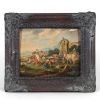 École européenne du XVIIe ou XVIIIe siècle Scène pastorale à la fontaine, huile sur panneau.Charmante scène champêtre animée de bergères, troupeaux de chèvres, vaches et moutons rassemblés autour d'un