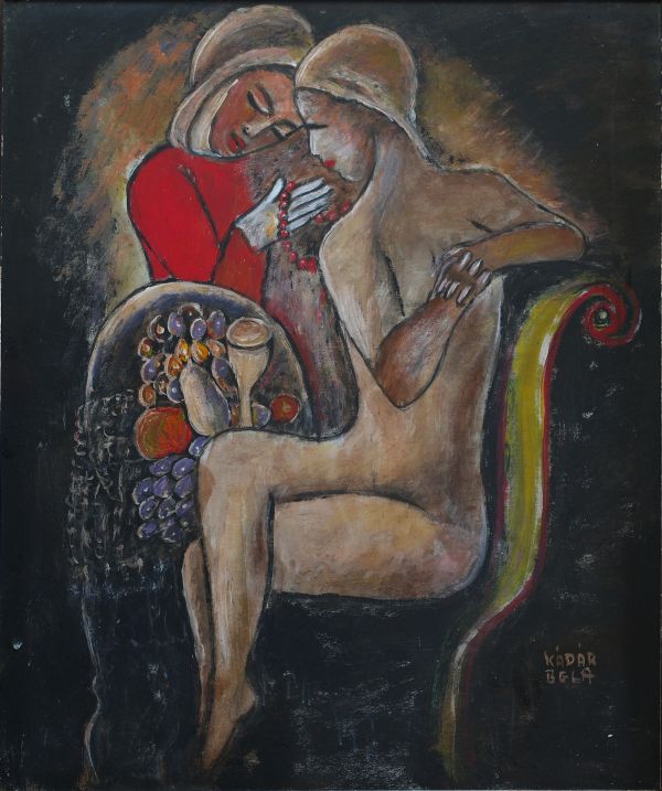 Béla KADAR (1877-1956) Nus et nature morte aux fleurs, dessin aux pastels sur papier.