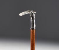 Cravache à motif Art Nouveau de visage de femme en argent massif, poinçon 800, Suisse.