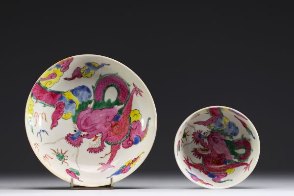 China - Bowl and plate in pink family polychrome porcelain decorated with dragons.