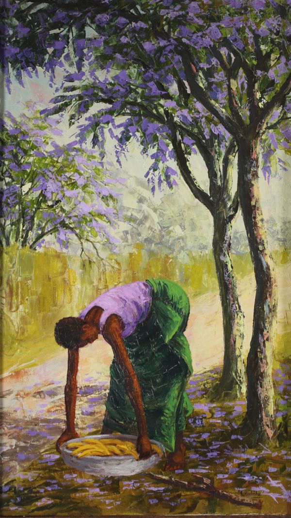 Huile sur toile de « Papa » KAHILU ( Georges Kahilu Manika 1943-2021)  - Jacaranda-  Diplomé en Zambie à « l’Africa littérature center » de Kitwe en 1966. Il gagne ensuite la ville de Lubumbashi qu’il ne quittera plus. Il s’installe comme artiste indépendant en 1974. Il passe très vite des œuvres sur papier à une peinture à l’huile sur toile au couteau. Il aime à peindre la vie quotidienne des con