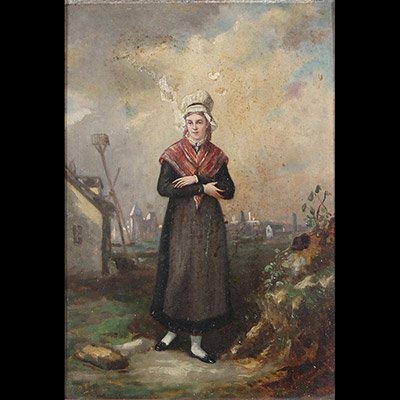 École populaire flamande ou hollandaise, XIXᵉ siècle Jeune femme en costume traditionnel dans un paysage portuaire