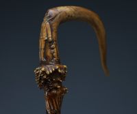 Art Populaire - Carved wooden cane decorated with circus characters and animals, 19th century.