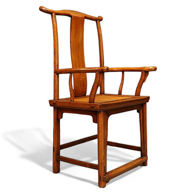 Chine - Chaise de dignitaire en bois exotique, assise cannée, dynastie Qing.