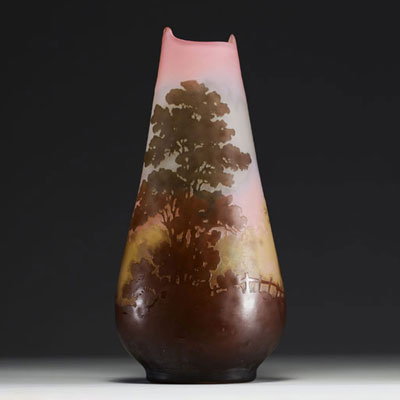 Émile GALLÉ (1846-1904) - Acid-etched multilayer glass vase with landscape decoration, clamp-worked neck, signed.