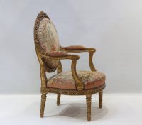Important set of carved and gilded wood salon furniture, fine Aubusson tapestry including a sofa and a suite of four bergère armchairs, 19th century.