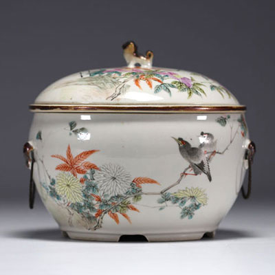 China - Rare Qianjiang Cai porcelain covered terrine decorated with birds, artist's signature.