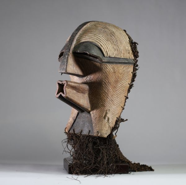 Très beau masque Songye Kifwebe avec sa coiffe d’origine . Rd Congo. Bois et fibres. Morphologie typique des masques Kifwebe : visage allongé avec striures régulières en chevrons couvrant l’ensemble de la surface faciale, nez proéminent en arête verticale, yeux mi-clos formant des fentes horizontales sombres, bouche tubulaire sculptée en forme d’étoile percée. La partie inférieure triangulaire est