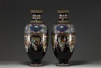 Japan - A pair of cloisonné vases with floral and phoenix decoration, Meiji period.