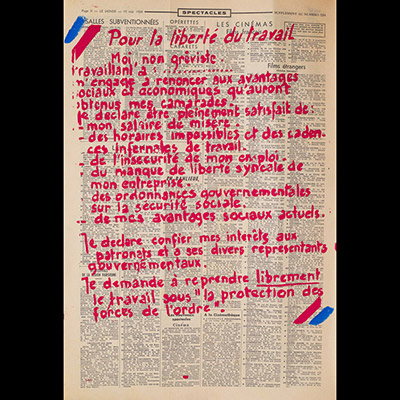 Mai 68 – Pour la liberté du travail, Moi, non gréviste …  Affiche originale réalisée en sérigraphie couleur rose et bleu sur papier journal Le Monde daté du 10 mai 1968. École Nle Supérieure des Beaux-Arts, toute sa marge non coupée, traces de plis. Sujet intact. Non entoilée  50X33,5 cm
