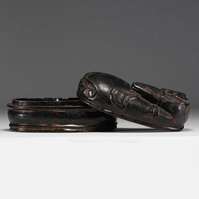 Asia - Carved and lacquered wooden box in the shape of a buffalo.