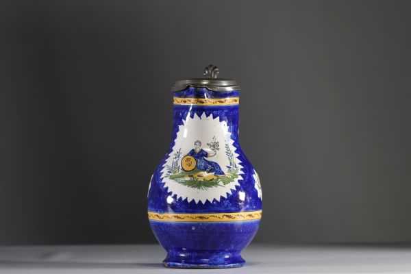 Brussels polychrome earthenware jug with pewter lid, early 19th century.