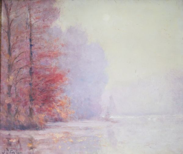 Joseph Caron (1866-1944)  Peinture à l’huile sur toile, style impressionniste, scène d'automne  Cette magnifique peinture à l'huile sur toile, réalisée par l'artiste Joseph Caron (1866-1944), incarne l'essence de l'impressionnisme à travers ses tonalités délicates de rose et de brume qui évoquent l'atmosphère douce et éthérée d'un matin automnal. L'œuvre, signée et datée au dos, capture une vue se