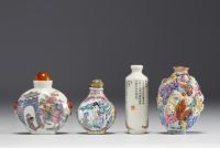 China - Set of four snuffboxes, three in polychrome porcelain and one in cloisonné enamel.