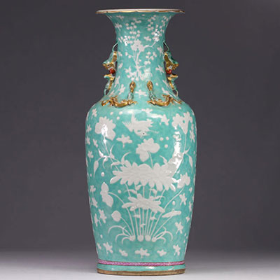 China - large porcelain vase decorated with flowers and birds, turquoise glaze, 19th century.