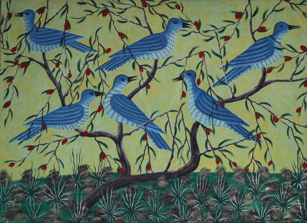 MUILA or MWILA (XX) ‘Les oiseaux’ Oil on African canvas, Lubumbashi, DRC, signed.