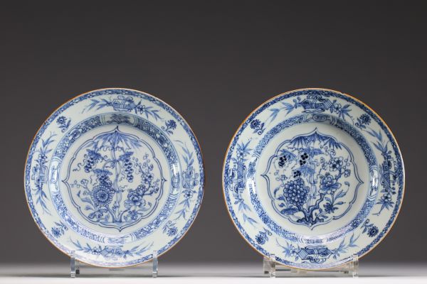 China - Pair of blue-white porcelain plates decorated with flowers, Qianlong, 18th century.