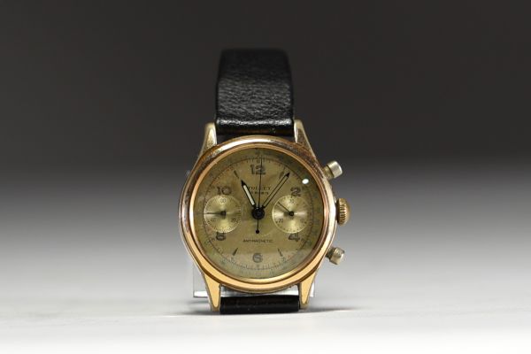 Tollet - Men's mechanical chronograph watch, gold-plated case, Landeron calibre, leather strap, circa 1960/70.