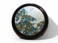 China - Table with carved wooden base and polychrome porcelain top depicting a tower in a mountain landscape, Republic period.